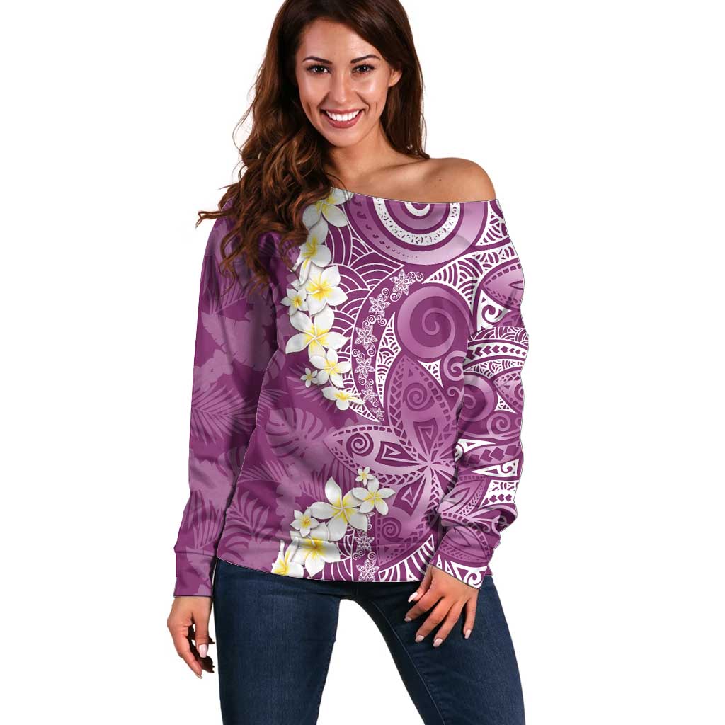 Pink Polynesian Tribal Frangipani Tropical Vibe Off Shoulder Sweater
