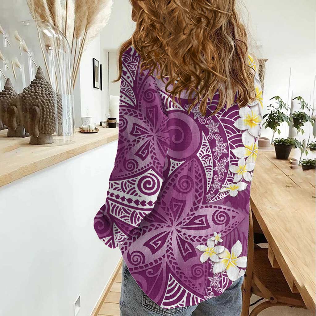 Pink Polynesian Tribal Frangipani Tropical Vibe Women Casual Shirt