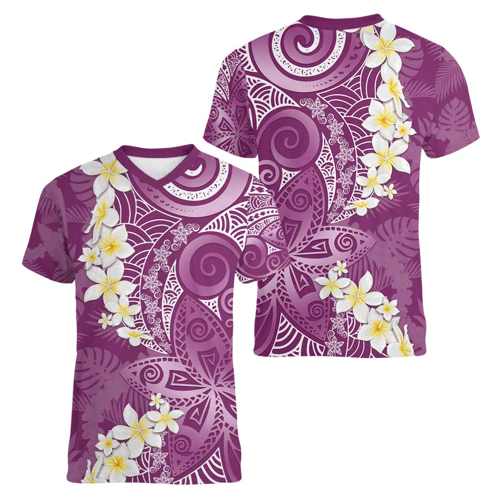 Pink Polynesian Tribal Frangipani Tropical Vibe Women V-Neck T-Shirt LT14 - Polynesian Pride
