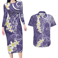 Violet Polynesian Tribal Frangipani Tropical Vibe Couples Matching Long Sleeve Bodycon Dress and Hawaiian Shirt LT14 Violet - Polynesian Pride
