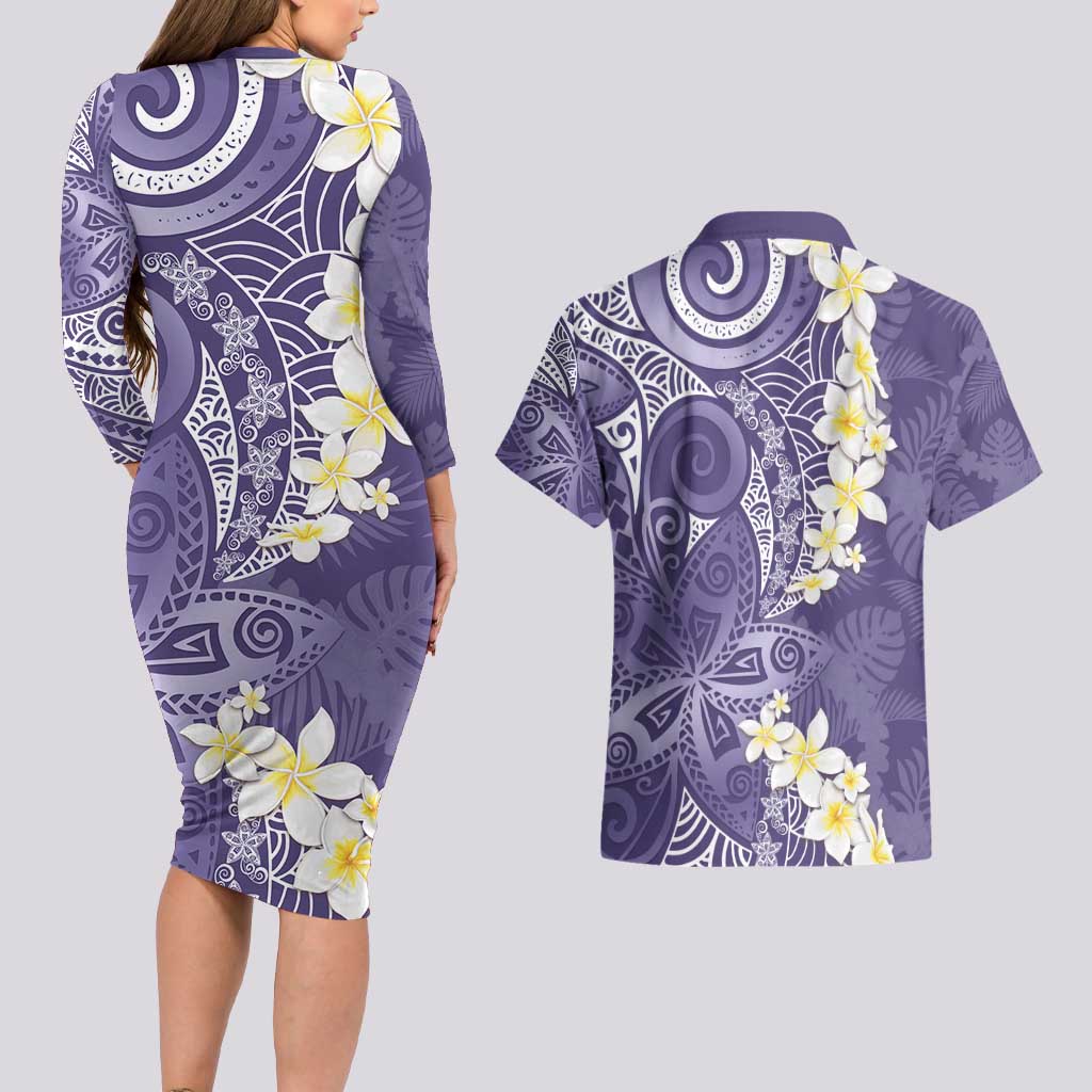 Violet Polynesian Tribal Frangipani Tropical Vibe Couples Matching Long Sleeve Bodycon Dress and Hawaiian Shirt LT14 - Polynesian Pride