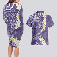 Violet Polynesian Tribal Frangipani Tropical Vibe Couples Matching Long Sleeve Bodycon Dress and Hawaiian Shirt LT14 - Polynesian Pride