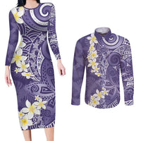 Violet Polynesian Tribal Frangipani Tropical Vibe Couples Matching Long Sleeve Bodycon Dress and Long Sleeve Button Shirt LT14 Violet - Polynesian Pride