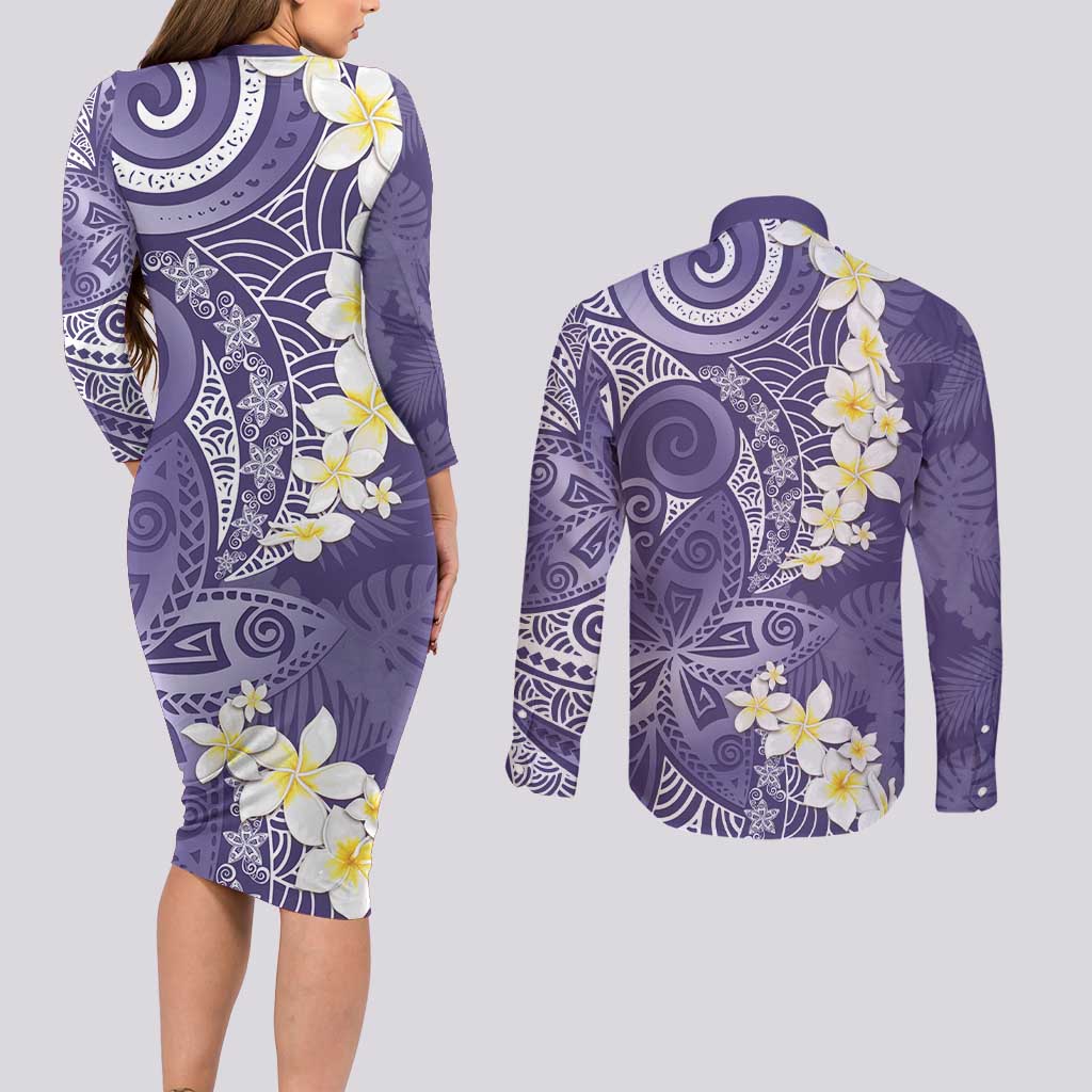 Violet Polynesian Tribal Frangipani Tropical Vibe Couples Matching Long Sleeve Bodycon Dress and Long Sleeve Button Shirt LT14 - Polynesian Pride