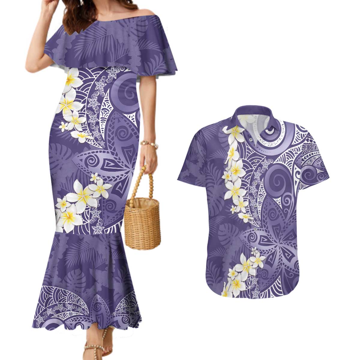 Violet Polynesian Tribal Frangipani Tropical Vibe Couples Matching Mermaid Dress and Hawaiian Shirt LT14 Violet - Polynesian Pride