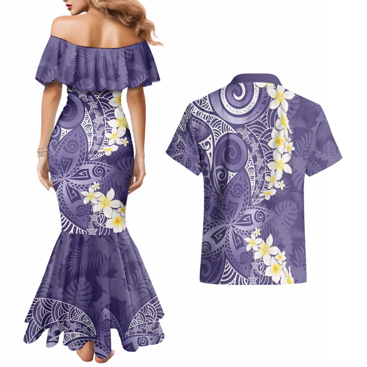 Violet Polynesian Tribal Frangipani Tropical Vibe Couples Matching Mermaid Dress and Hawaiian Shirt LT14 - Polynesian Pride