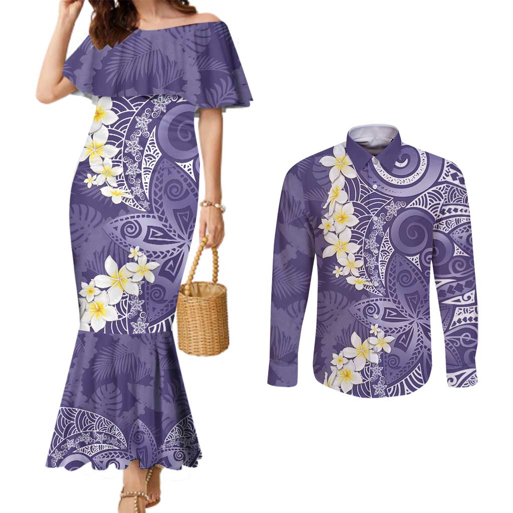 Violet Polynesian Tribal Frangipani Tropical Vibe Couples Matching Mermaid Dress and Long Sleeve Button Shirt LT14 Violet - Polynesian Pride