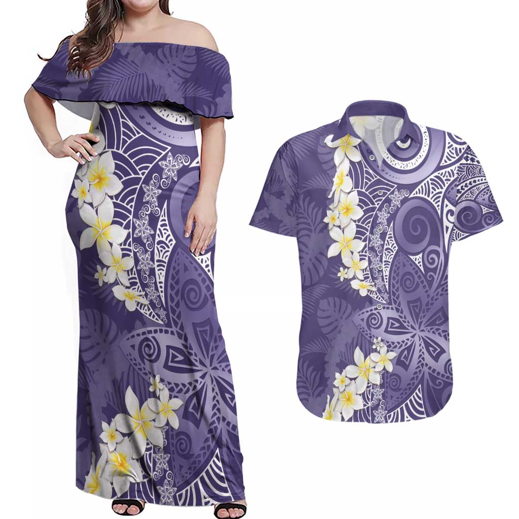 Violet Polynesian Tribal Frangipani Tropical Vibe Couples Matching Off Shoulder Maxi Dress and Hawaiian Shirt LT14 Violet - Polynesian Pride