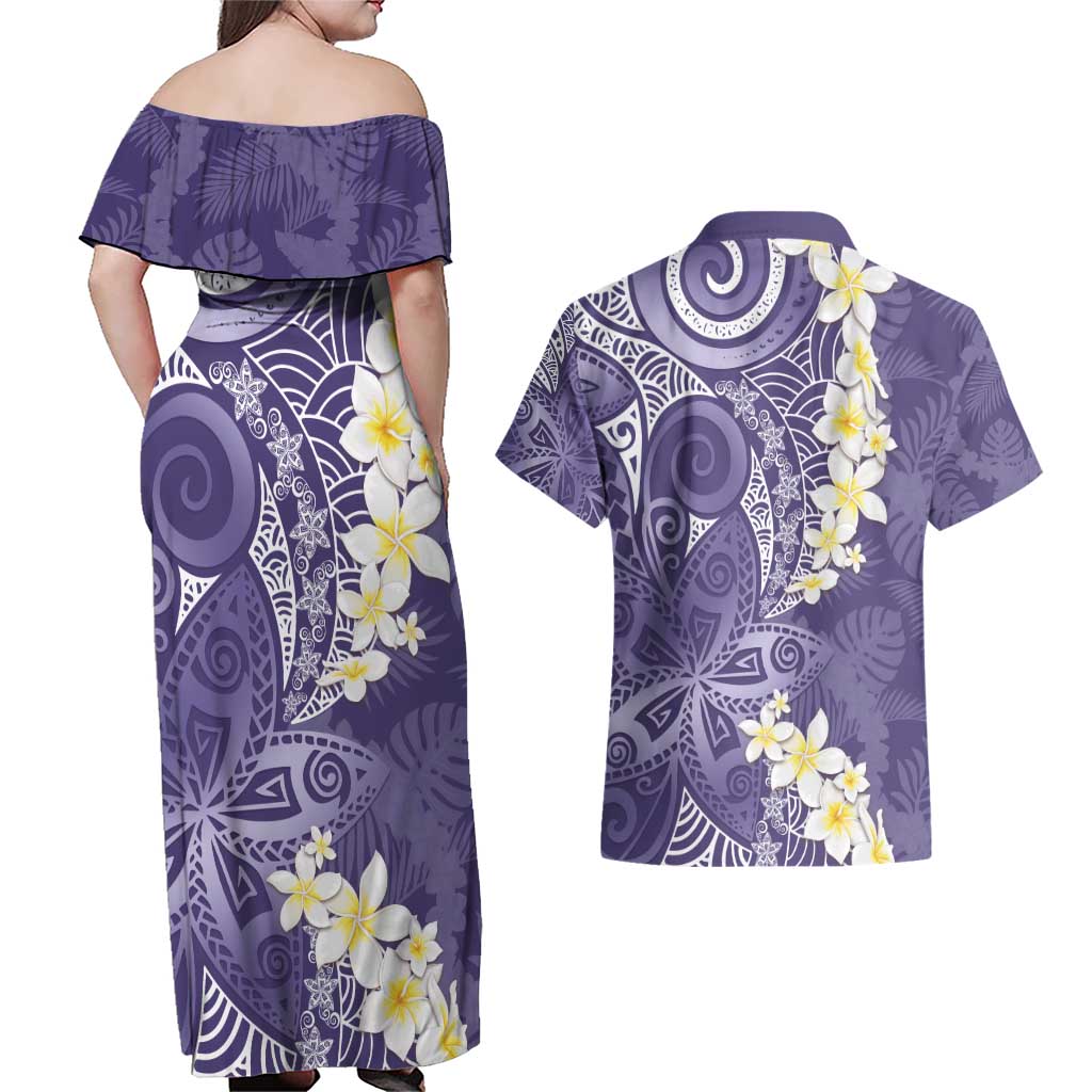 Violet Polynesian Tribal Frangipani Tropical Vibe Couples Matching Off Shoulder Maxi Dress and Hawaiian Shirt LT14 - Polynesian Pride