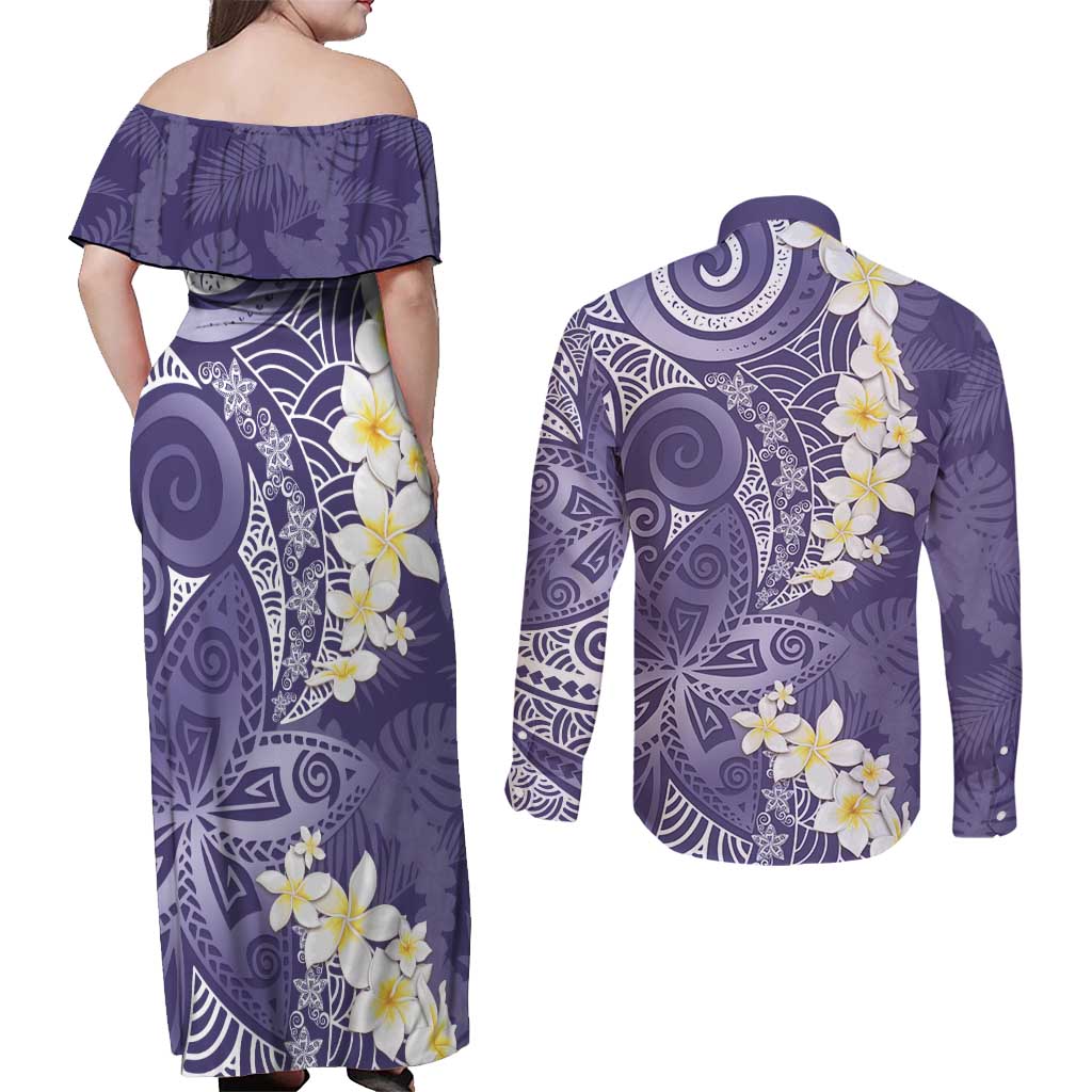 Violet Polynesian Tribal Frangipani Tropical Vibe Couples Matching Off Shoulder Maxi Dress and Long Sleeve Button Shirt