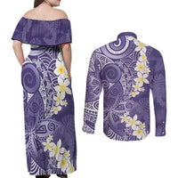 Violet Polynesian Tribal Frangipani Tropical Vibe Couples Matching Off Shoulder Maxi Dress and Long Sleeve Button Shirt