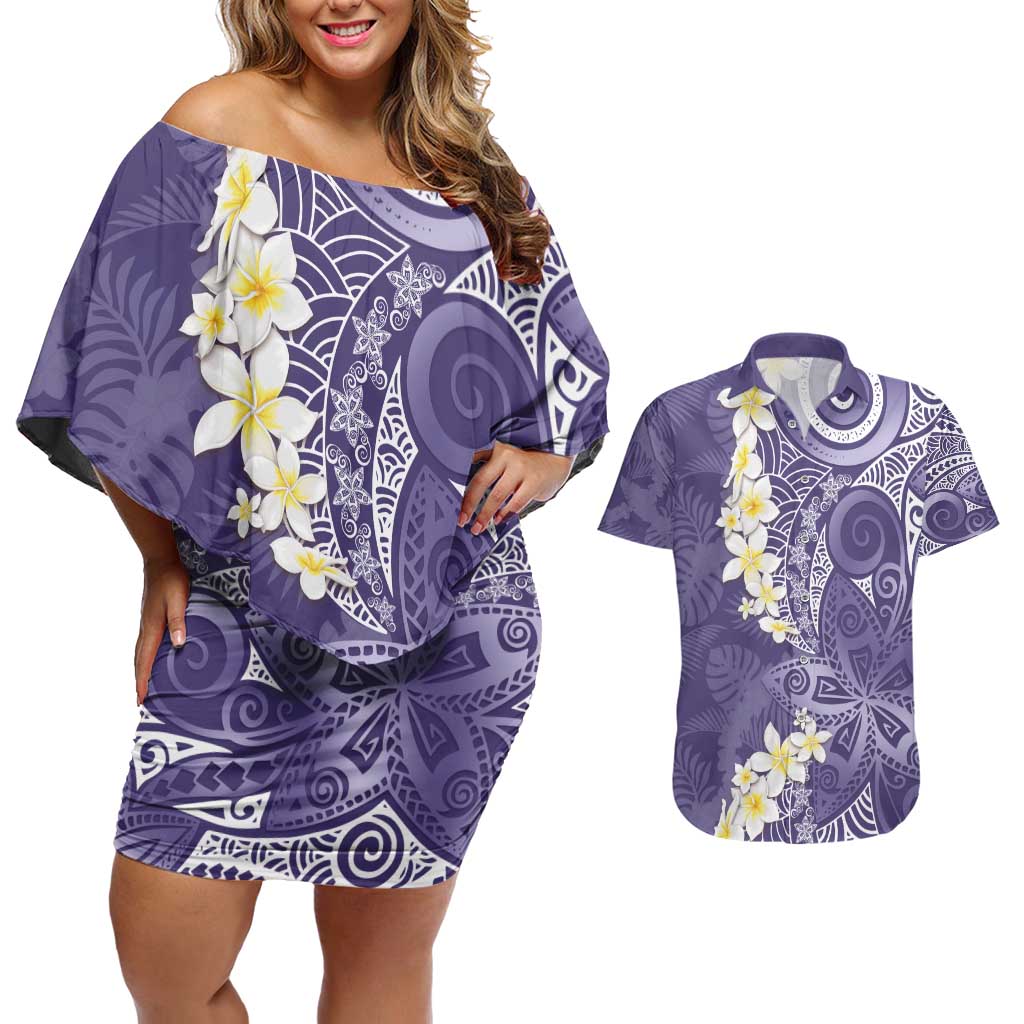 Violet Polynesian Tribal Frangipani Tropical Vibe Couples Matching Off Shoulder Short Dress and Hawaiian Shirt LT14 Violet - Polynesian Pride