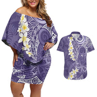 Violet Polynesian Tribal Frangipani Tropical Vibe Couples Matching Off Shoulder Short Dress and Hawaiian Shirt LT14 Violet - Polynesian Pride