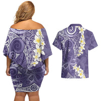 Violet Polynesian Tribal Frangipani Tropical Vibe Couples Matching Off Shoulder Short Dress and Hawaiian Shirt LT14 - Polynesian Pride