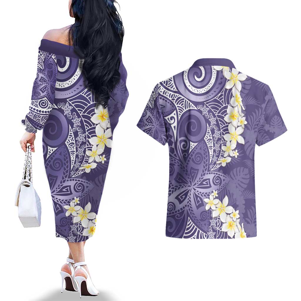 Violet Polynesian Tribal Frangipani Tropical Vibe Couples Matching Off The Shoulder Long Sleeve Dress and Hawaiian Shirt LT14 - Polynesian Pride