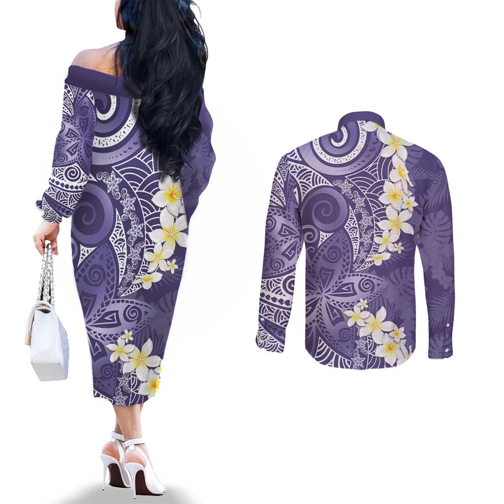 Violet Polynesian Tribal Frangipani Tropical Vibe Couples Matching Off The Shoulder Long Sleeve Dress and Long Sleeve Button Shirt LT14 - Polynesian Pride