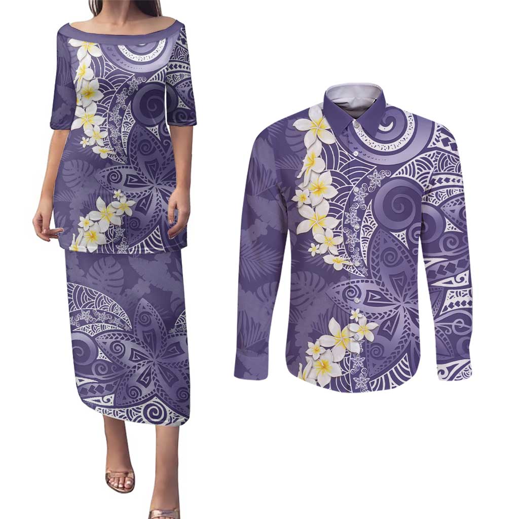 Violet Polynesian Tribal Frangipani Tropical Vibe Couples Matching Puletasi and Long Sleeve Button Shirt