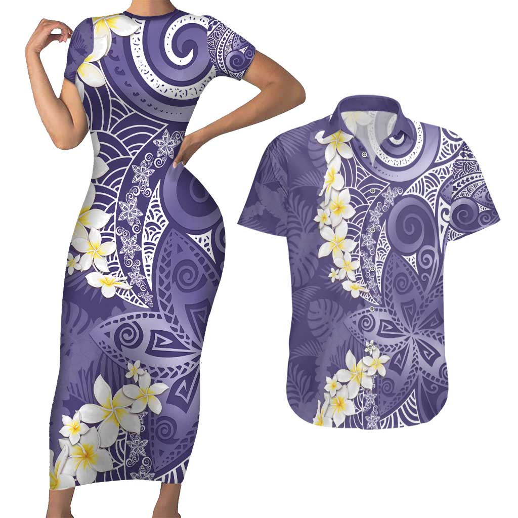 Violet Polynesian Tribal Frangipani Tropical Vibe Couples Matching Short Sleeve Bodycon Dress and Hawaiian Shirt LT14 Violet - Polynesian Pride