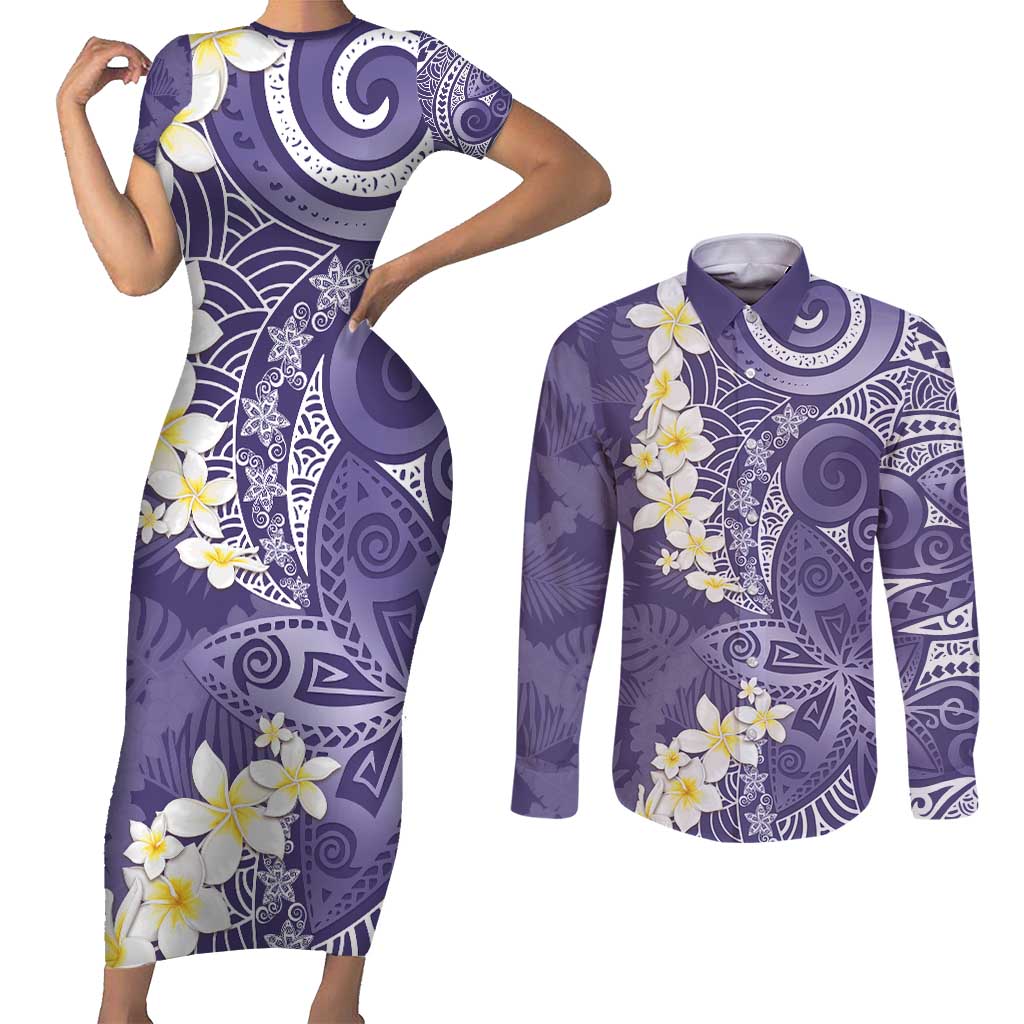 Violet Polynesian Tribal Frangipani Tropical Vibe Couples Matching Short Sleeve Bodycon Dress and Long Sleeve Button Shirt LT14 Violet - Polynesian Pride
