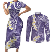 Violet Polynesian Tribal Frangipani Tropical Vibe Couples Matching Short Sleeve Bodycon Dress and Long Sleeve Button Shirt LT14 Violet - Polynesian Pride