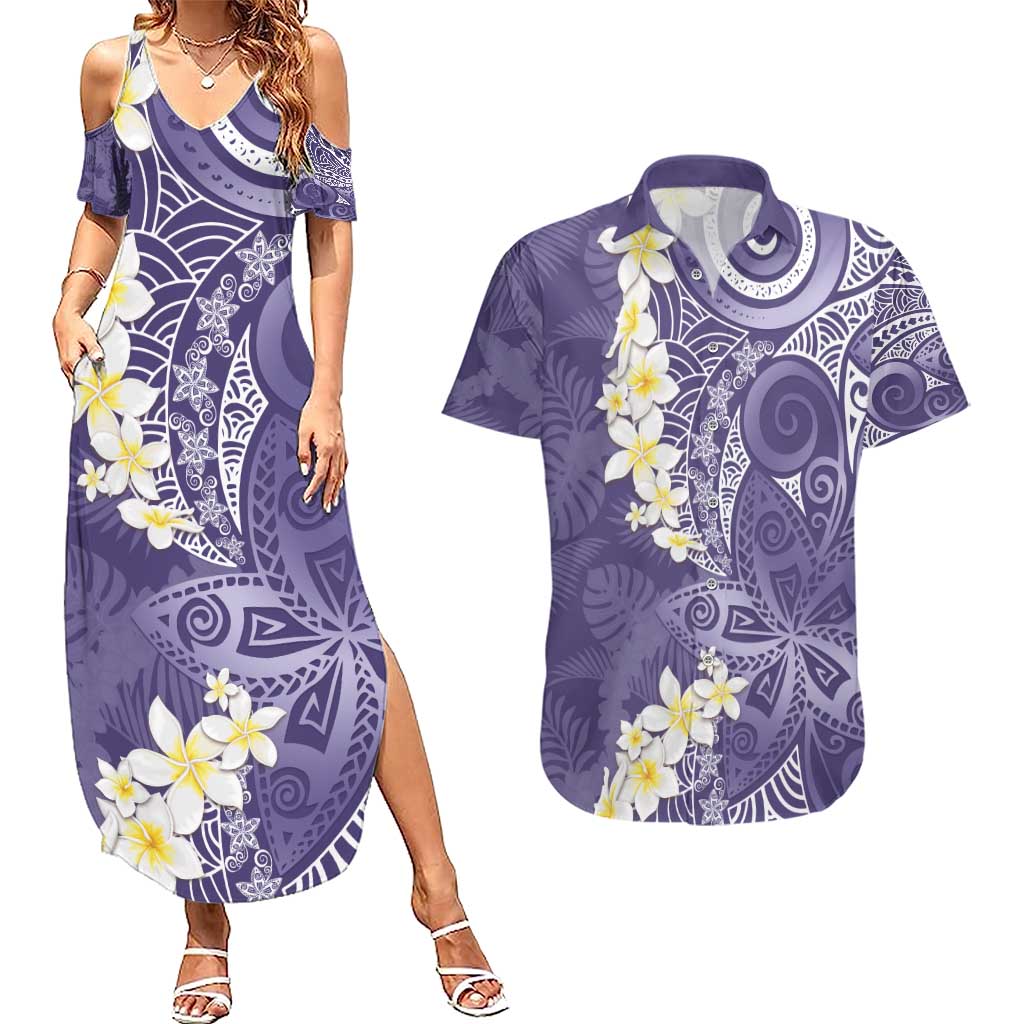 Violet Polynesian Tribal Frangipani Tropical Vibe Couples Matching Summer Maxi Dress and Hawaiian Shirt LT14 Violet - Polynesian Pride
