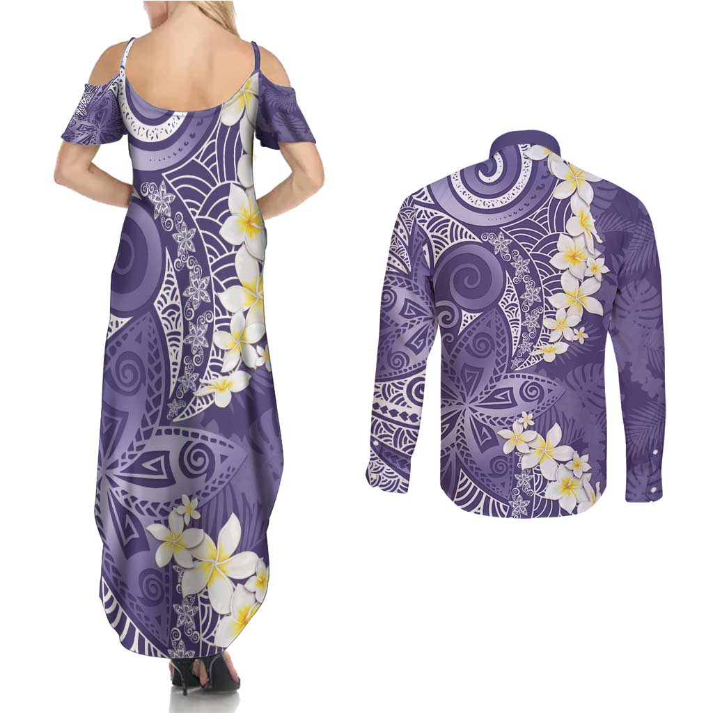 Violet Polynesian Tribal Frangipani Tropical Vibe Couples Matching Summer Maxi Dress and Long Sleeve Button Shirt