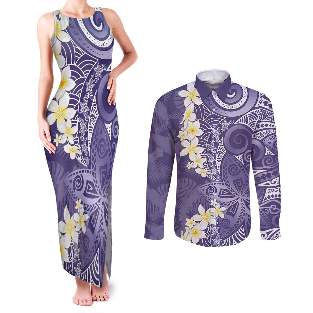Violet Polynesian Tribal Frangipani Tropical Vibe Couples Matching Tank Maxi Dress and Long Sleeve Button Shirt LT14 Violet - Polynesian Pride