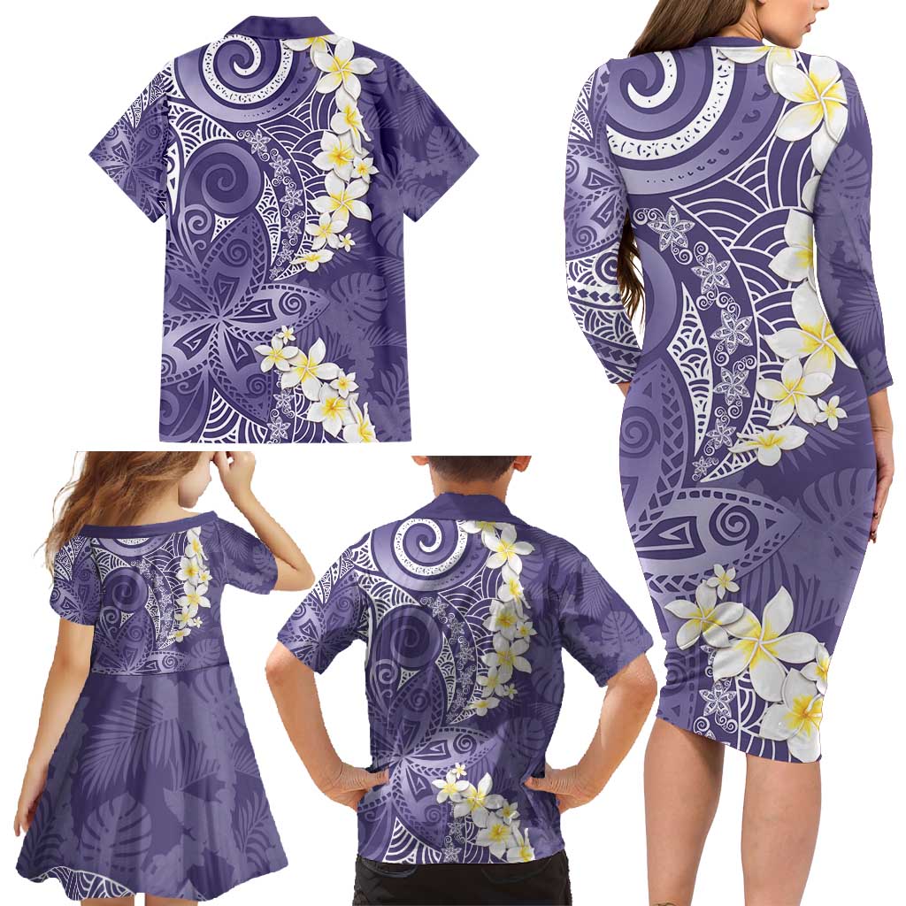 Violet Polynesian Tribal Frangipani Tropical Vibe Family Matching Long Sleeve Bodycon Dress and Hawaiian Shirt LT14 - Polynesian Pride
