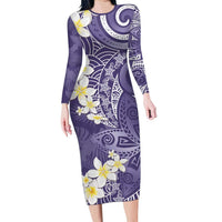 Violet Polynesian Tribal Frangipani Tropical Vibe Family Matching Long Sleeve Bodycon Dress and Hawaiian Shirt LT14 Mom's Dress Violet - Polynesian Pride