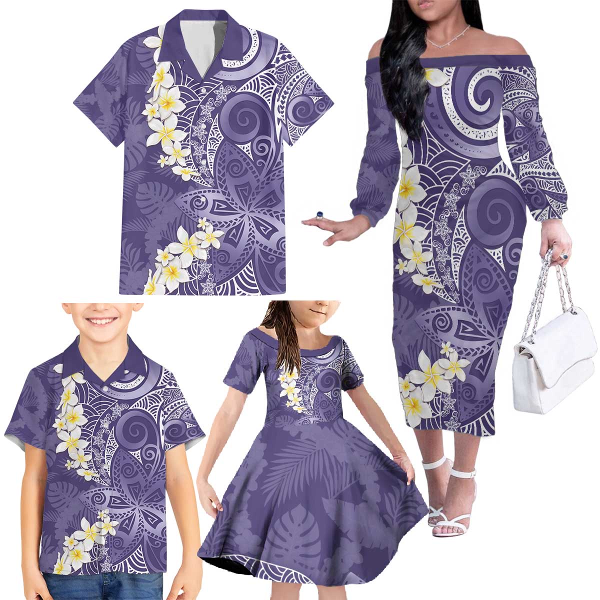 Violet Polynesian Tribal Frangipani Tropical Vibe Family Matching Off The Shoulder Long Sleeve Dress and Hawaiian Shirt LT14 - Polynesian Pride