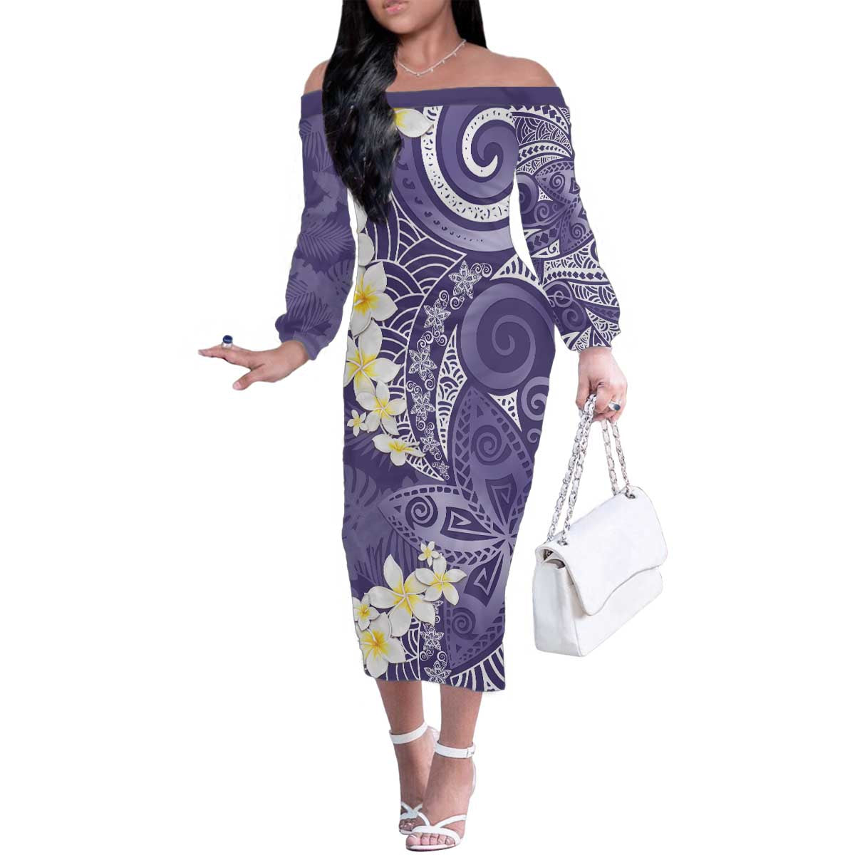 Violet Polynesian Tribal Frangipani Tropical Vibe Family Matching Off The Shoulder Long Sleeve Dress and Hawaiian Shirt LT14 Mom's Dress Violet - Polynesian Pride