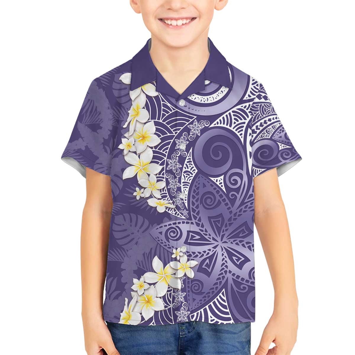 Violet Polynesian Tribal Frangipani Tropical Vibe Family Matching Off The Shoulder Long Sleeve Dress and Hawaiian Shirt LT14 Son's Shirt Violet - Polynesian Pride