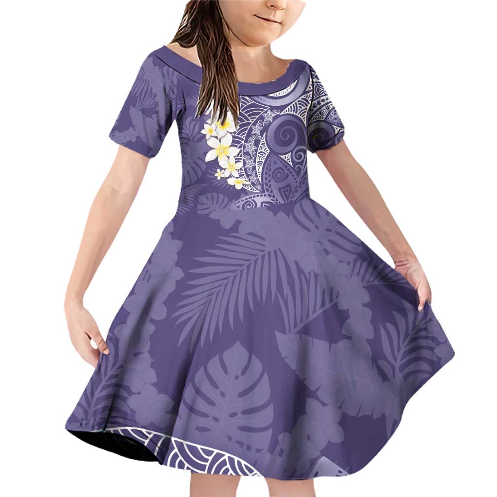 Violet Polynesian Tribal Frangipani Tropical Vibe Family Matching Off Shoulder Short Dress and Hawaiian Shirt LT14 Daughter's Dress Violet - Polynesian Pride