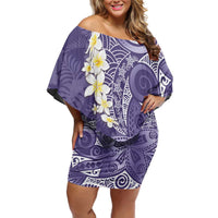 Violet Polynesian Tribal Frangipani Tropical Vibe Family Matching Off Shoulder Short Dress and Hawaiian Shirt LT14 Mom's Dress Violet - Polynesian Pride