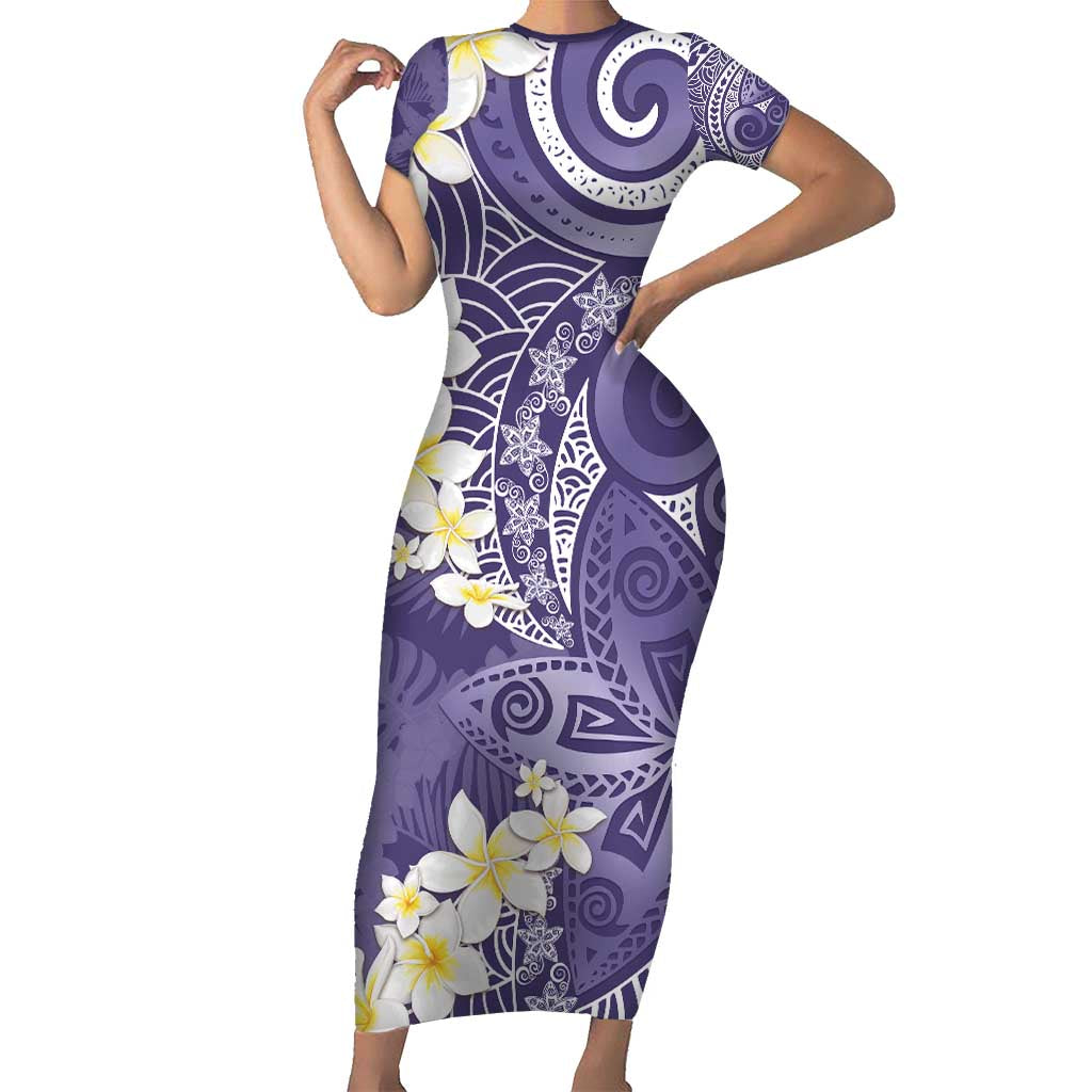 Violet Polynesian Tribal Frangipani Tropical Vibe Family Matching Short Sleeve Bodycon Dress and Hawaiian Shirt LT14 Mom's Dress Violet - Polynesian Pride