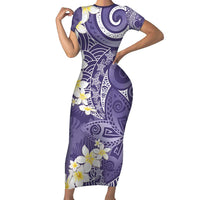 Violet Polynesian Tribal Frangipani Tropical Vibe Family Matching Short Sleeve Bodycon Dress and Hawaiian Shirt LT14 Mom's Dress Violet - Polynesian Pride