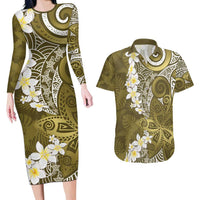 Gold Polynesian Tribal Frangipani Tropical Vibe Couples Matching Long Sleeve Bodycon Dress and Hawaiian Shirt LT14 Gold - Polynesian Pride