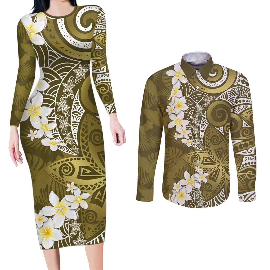 Gold Polynesian Tribal Frangipani Tropical Vibe Couples Matching Long Sleeve Bodycon Dress and Long Sleeve Button Shirt LT14 Gold - Polynesian Pride