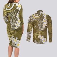 Gold Polynesian Tribal Frangipani Tropical Vibe Couples Matching Long Sleeve Bodycon Dress and Long Sleeve Button Shirt LT14 - Polynesian Pride