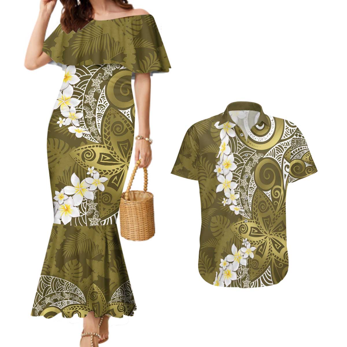 Gold Polynesian Tribal Frangipani Tropical Vibe Couples Matching Mermaid Dress and Hawaiian Shirt LT14 Gold - Polynesian Pride