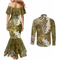 Gold Polynesian Tribal Frangipani Tropical Vibe Couples Matching Mermaid Dress and Long Sleeve Button Shirt LT14 - Polynesian Pride