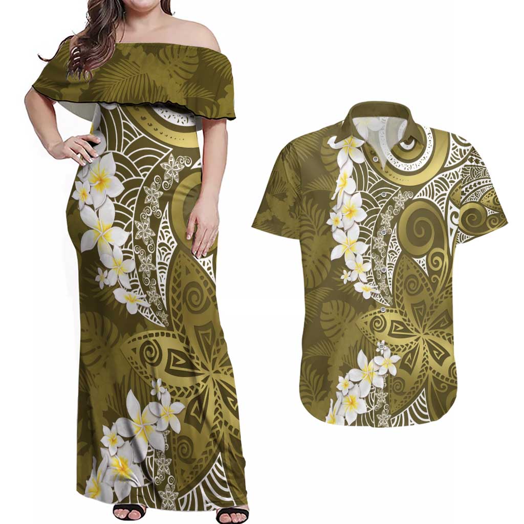 Gold Polynesian Tribal Frangipani Tropical Vibe Couples Matching Off Shoulder Maxi Dress and Hawaiian Shirt LT14 Gold - Polynesian Pride