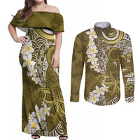 Gold Polynesian Tribal Frangipani Tropical Vibe Couples Matching Off Shoulder Maxi Dress and Long Sleeve Button Shirt LT14 Gold - Polynesian Pride