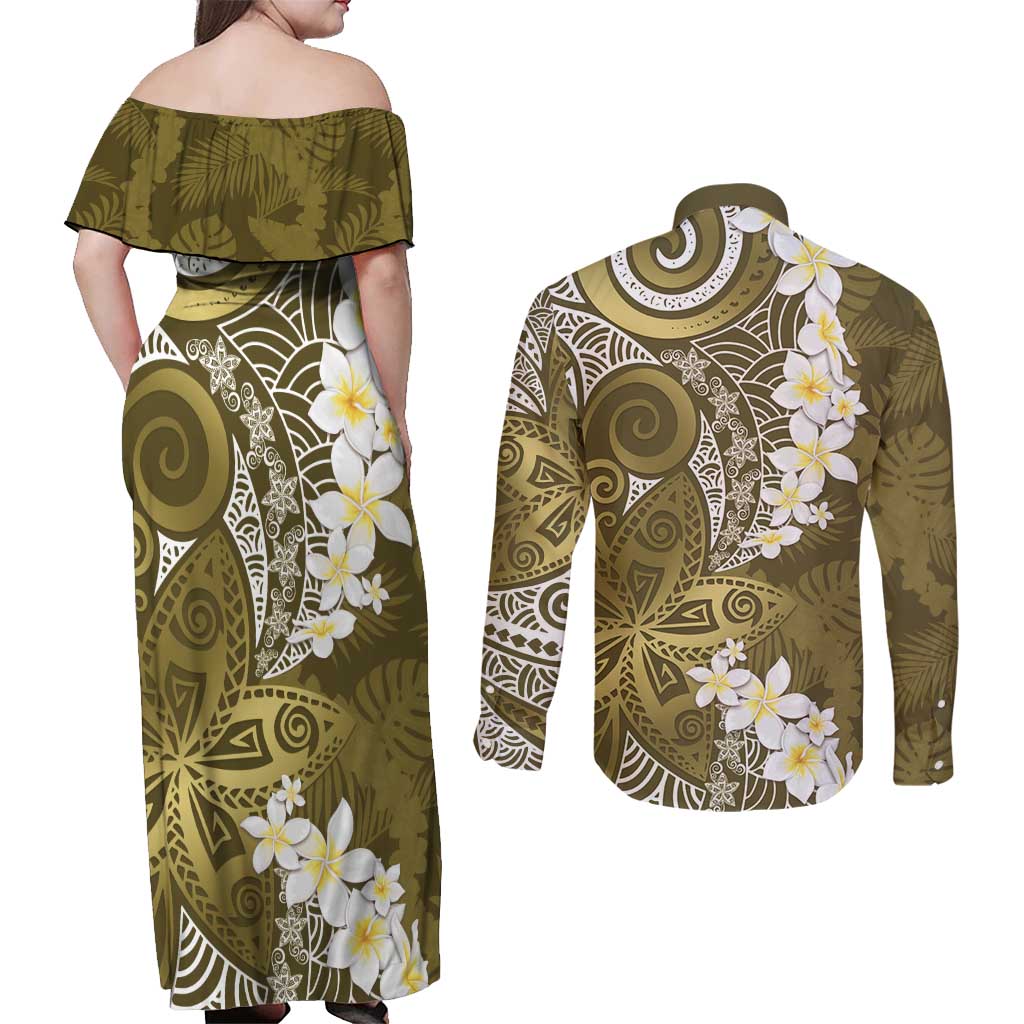 Gold Polynesian Tribal Frangipani Tropical Vibe Couples Matching Off Shoulder Maxi Dress and Long Sleeve Button Shirt LT14 - Polynesian Pride