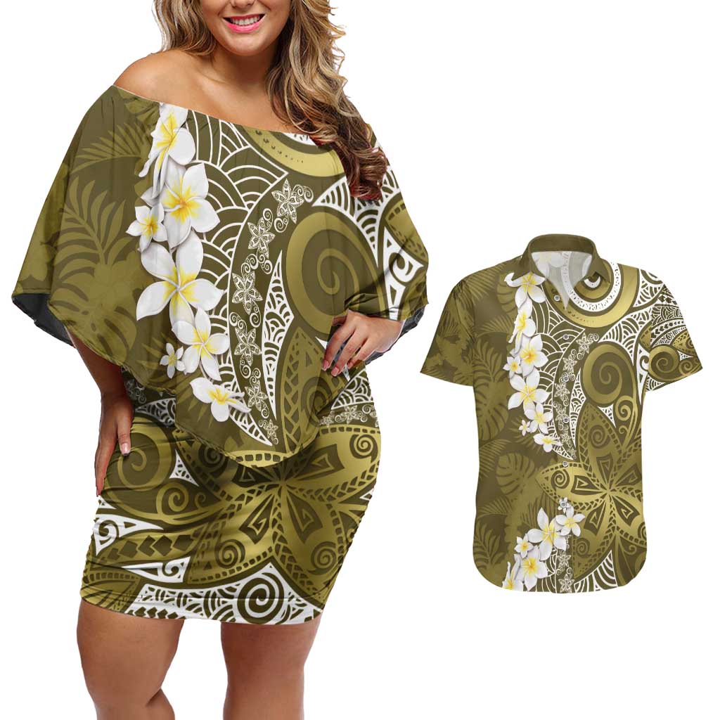 Gold Polynesian Tribal Frangipani Tropical Vibe Couples Matching Off Shoulder Short Dress and Hawaiian Shirt LT14 Gold - Polynesian Pride