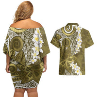 Gold Polynesian Tribal Frangipani Tropical Vibe Couples Matching Off Shoulder Short Dress and Hawaiian Shirt LT14 - Polynesian Pride