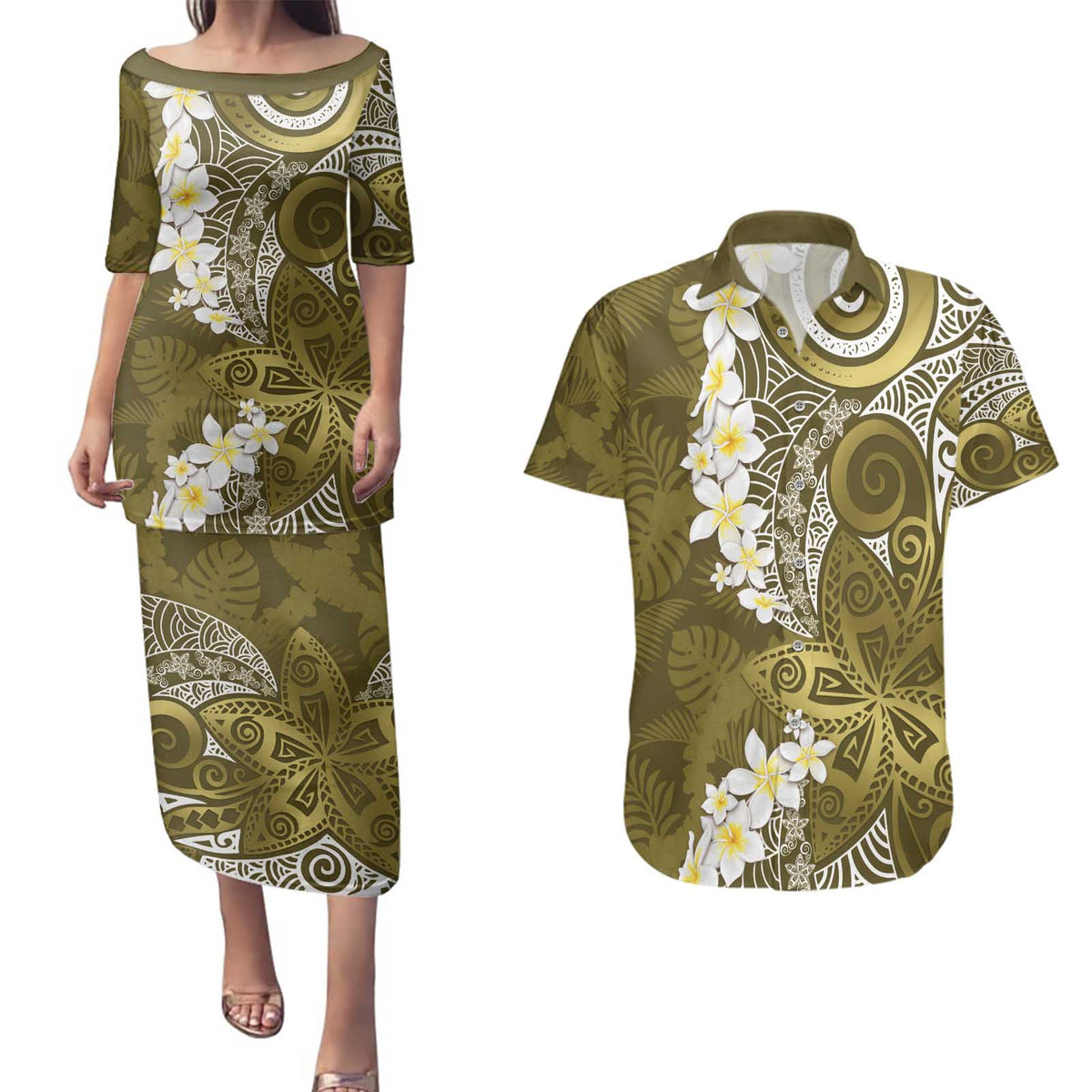 Gold Polynesian Tribal Frangipani Tropical Vibe Couples Matching Puletasi and Hawaiian Shirt LT14 Gold - Polynesian Pride