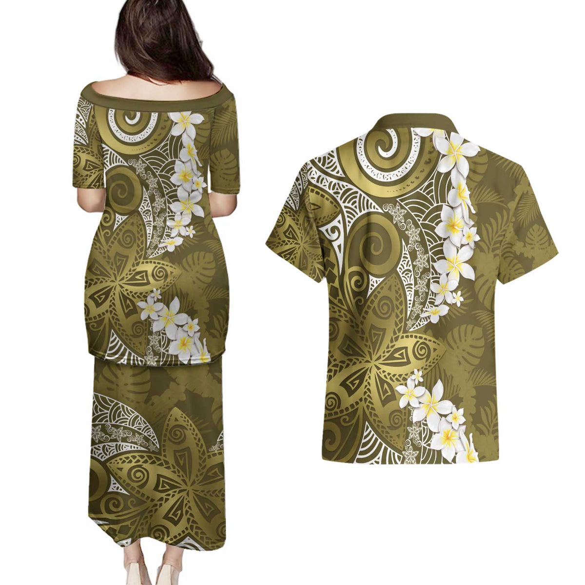 Gold Polynesian Tribal Frangipani Tropical Vibe Couples Matching Puletasi and Hawaiian Shirt LT14 - Polynesian Pride