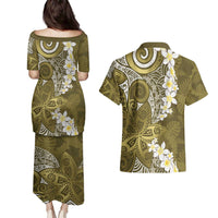 Gold Polynesian Tribal Frangipani Tropical Vibe Couples Matching Puletasi and Hawaiian Shirt LT14 - Polynesian Pride