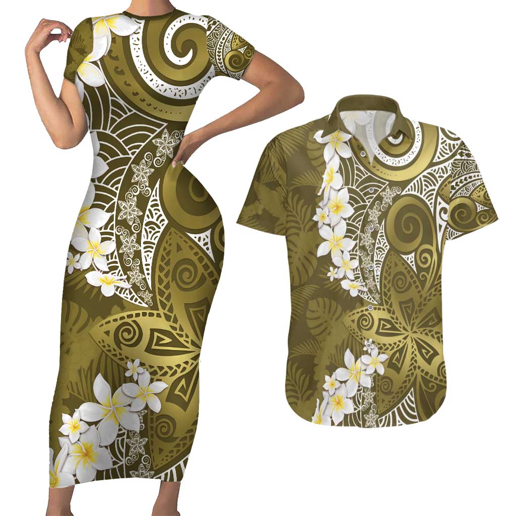 Gold Polynesian Tribal Frangipani Tropical Vibe Couples Matching Short Sleeve Bodycon Dress and Hawaiian Shirt LT14 Gold - Polynesian Pride